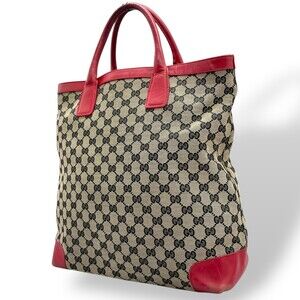 GUCCI GG Canvas Leather Tote Bag Gray Red Monogram Women's U10